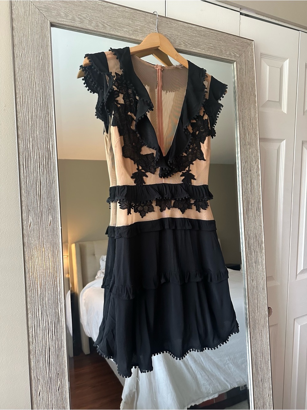 For Love & Lemons Laney Lou Embroidered Mesh Mini Dress Black Beige Size Small